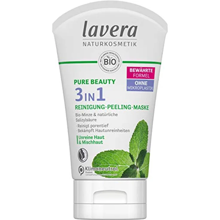 "lavera PURE BEAUTY 3in1 Reinigung Peeling Maske -reinigt porentief - bekämpft Hautunreinheiten - Mattiert & reduziert Hautglanz – Gesichtsmaske - Naturkosmetik - vegan - Bio (1 x 125ml)