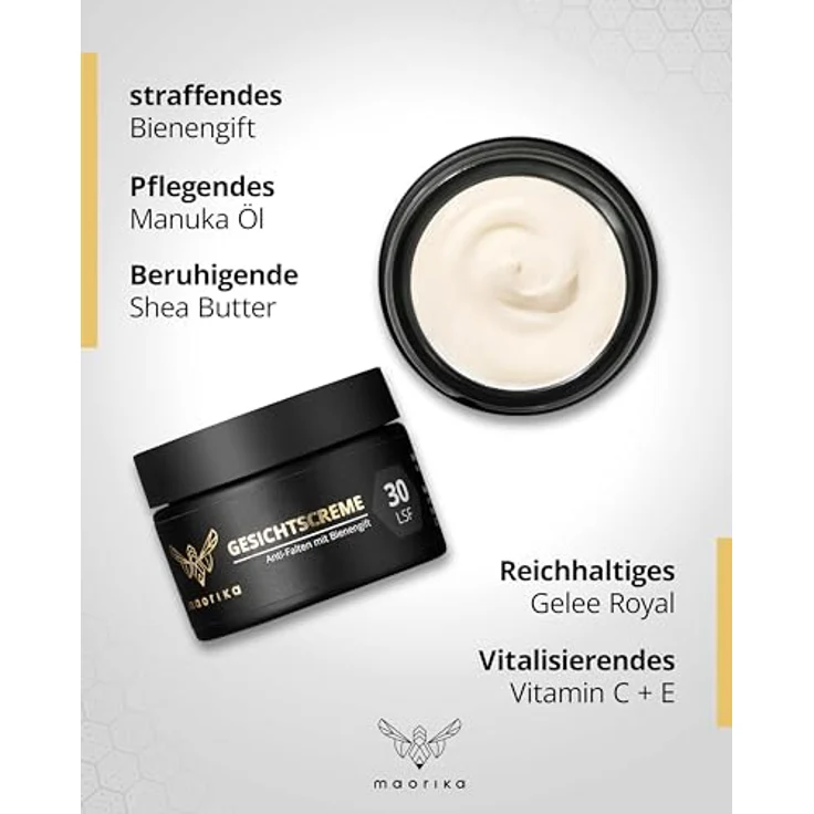 maorika Gesichtscreme mit Bienengift, Hyaluron und Manuka, Antiaging mit LSF30, 50 ml - für ein straffes Hautbild – Bild 5