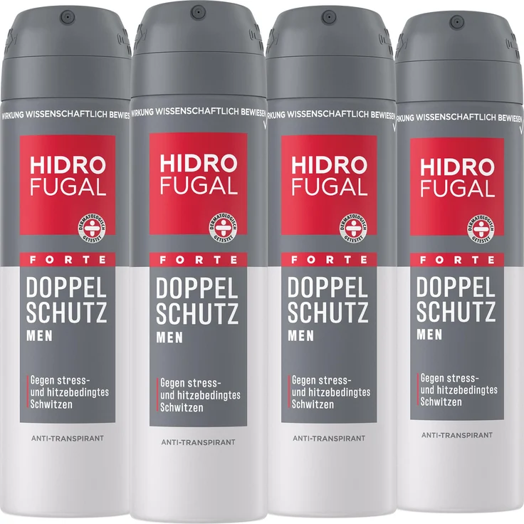 Beiersdorf HIDROFUGAL MEN FORTE Doppel Schutz Spray, 2-fach Anti-Transpirant-Schutz, 4 x 150 ml, dermatologisch getestet