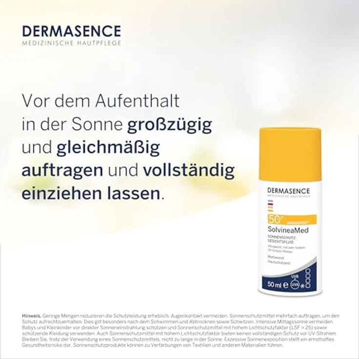 DERMASENCE SolvineaMed Sonnenschutz-Gesichtsfluid LSF50, 50 ml - Wasserfest, ultraleicht, parfümfrei mit mattierendem Effekt und sehr hohem UV-Schutz – Bild 3