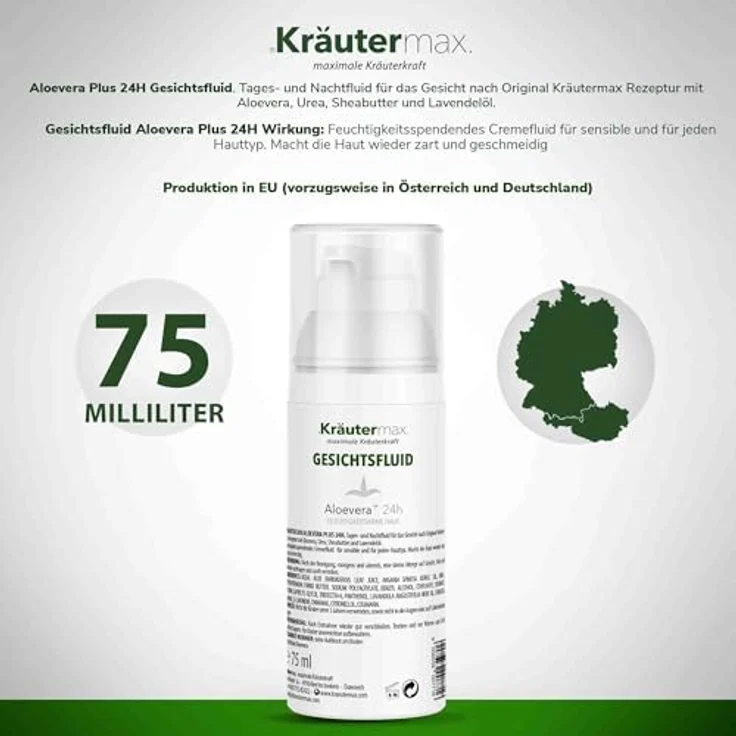 Kräutermax. Aloe Vera Fluid Creme Gesichts Gesichtscreme für die Gesichtspflege, 75 ml - Aloe Vera Extrakt, strahlend schöner Teint, ohne bedenkliche Inhaltsstoffe – Bild 2