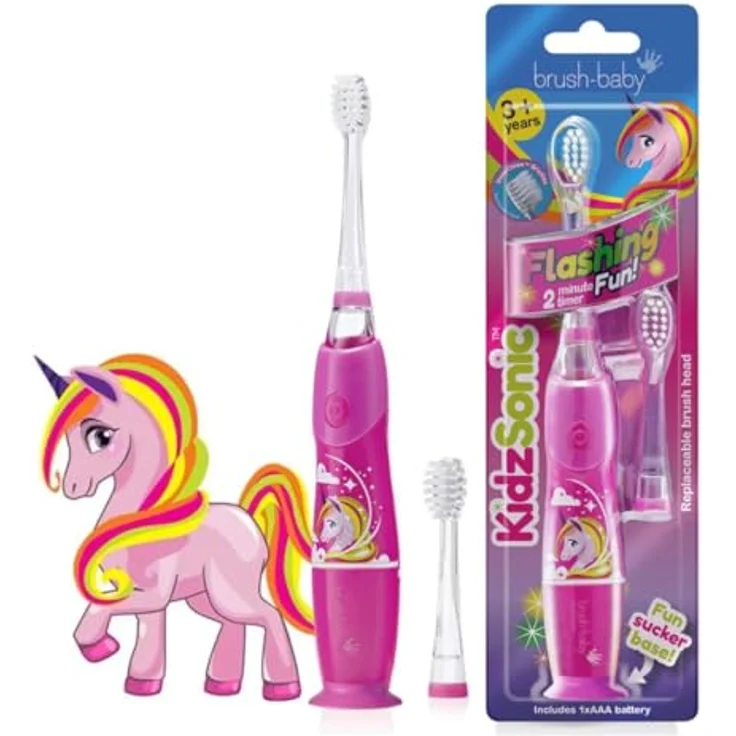 Brush-Baby KidzSonic Elektrische Zahnbürste für Kinder ab 3 Jahren, Einhorn-Design mit blinkenden Lichtern und Zwei-Minuten-Countdown – Bild 1