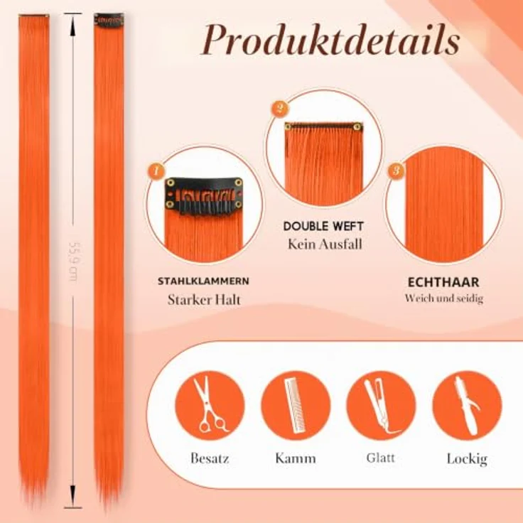 FESHFEN Farbige Haarverlängerung, 10 PCS Orange Clip-in Haarteil aus Synthetik, 55 cm, hitzebeständig und leicht zu befestigen – Bild 4