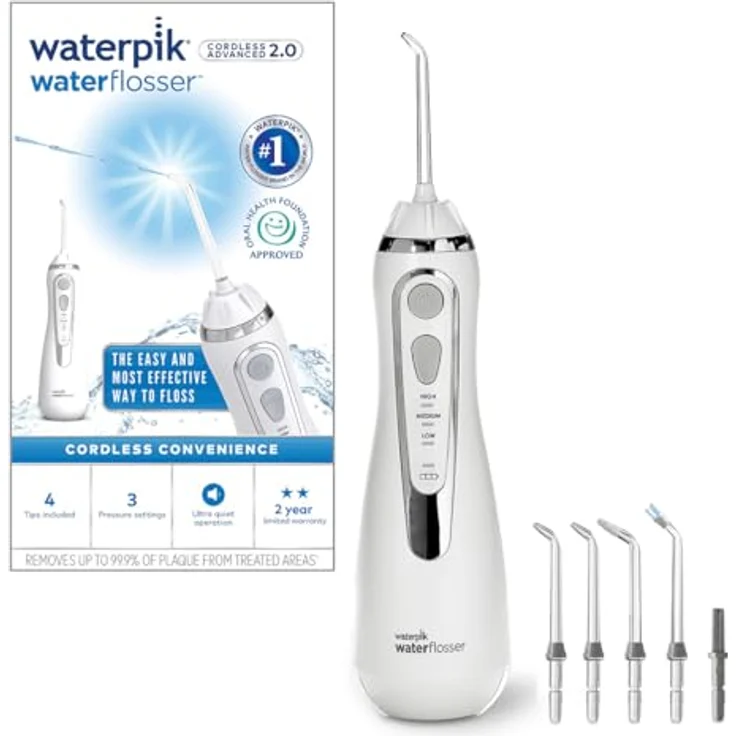 Waterpik Advanced Kabellose Munddusche, Water Flosser Testsieger 2024, 99,9% Plaque Entfernung, 4 Aufsätze, 3 Modi, Induktionsladesystem, Weiß – Bild 1