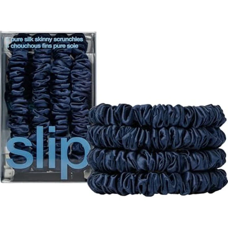 SLIP Skinny-Haargummis, Anti-Falten- und bruchsicheres Slipsilk™-Design, 4 Haargummis aus reiner Seide, Marineblau – Bild 1