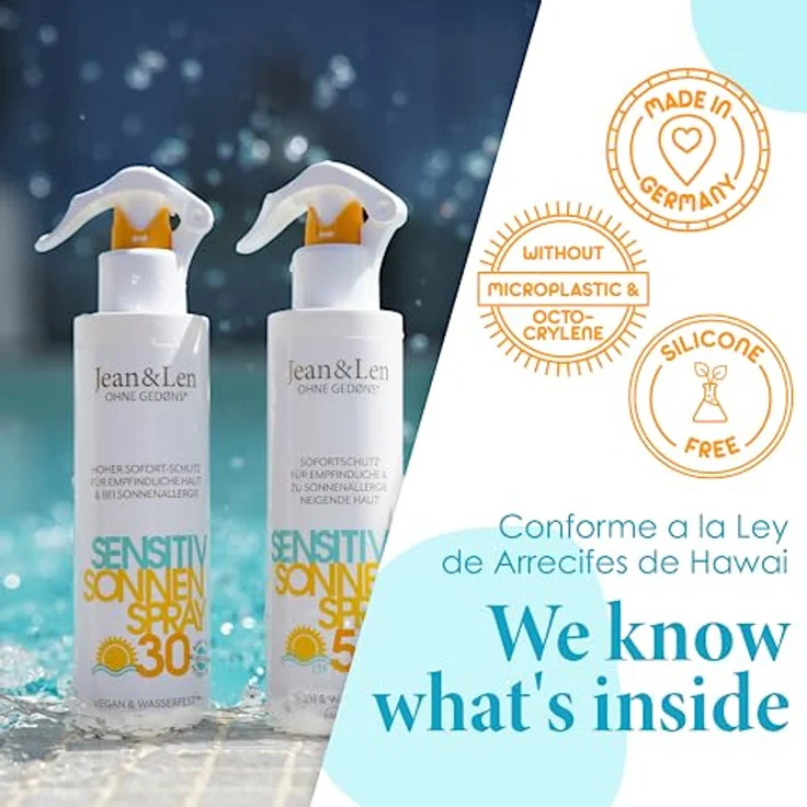 Jean & Len Sensitiv Sonnenspray 30 LSF wasserfest, für empfindliche & zu Sonnenallergie neigende Haut, ohne Silikone, Nanopartikel, Octocrylen, Mikroplastik, Mineralöl, vegan, Sprühflasche 250 ml – Bild 3