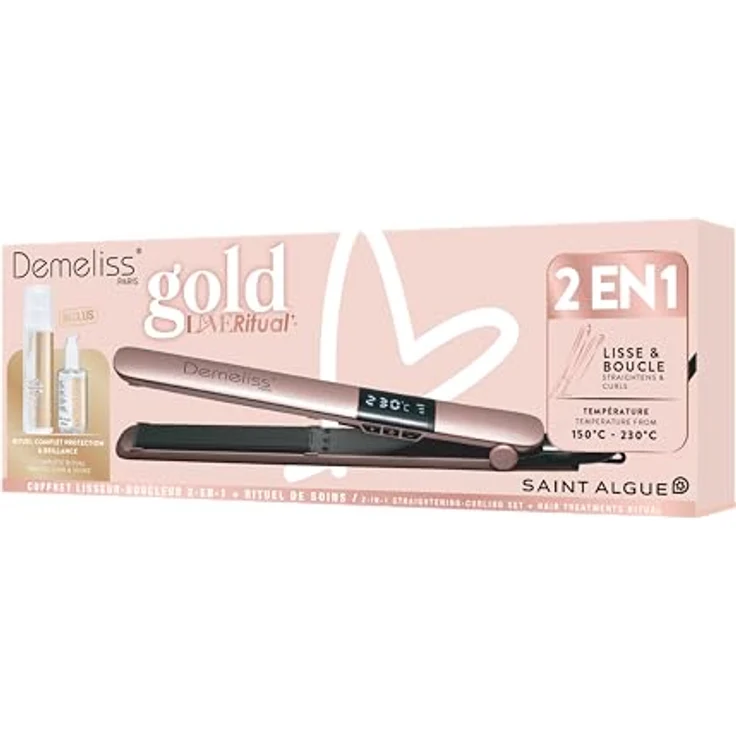 Demeliss Saint Alge Glätteisen Gold, 2-in-1 Haarglätter mit Turmalin-Keramikplatten, einstellbare Temperatur von 150°C bis 230°C, inklusive Geschenkbox mit 2 Haarpflegeprodukten – Bild 4