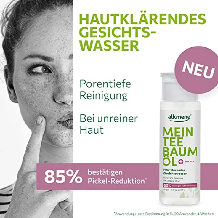 alkmene Mein Teebaumöl Gesichtswasser 150 ml Pickel Reduktion 85% bestätigt - naturreines Teebaumöl, vegan & klimaneutral - Gesichtsreinigung für unreine Haut - Facial Toner Gesicht - Face Tonic – Bild 2