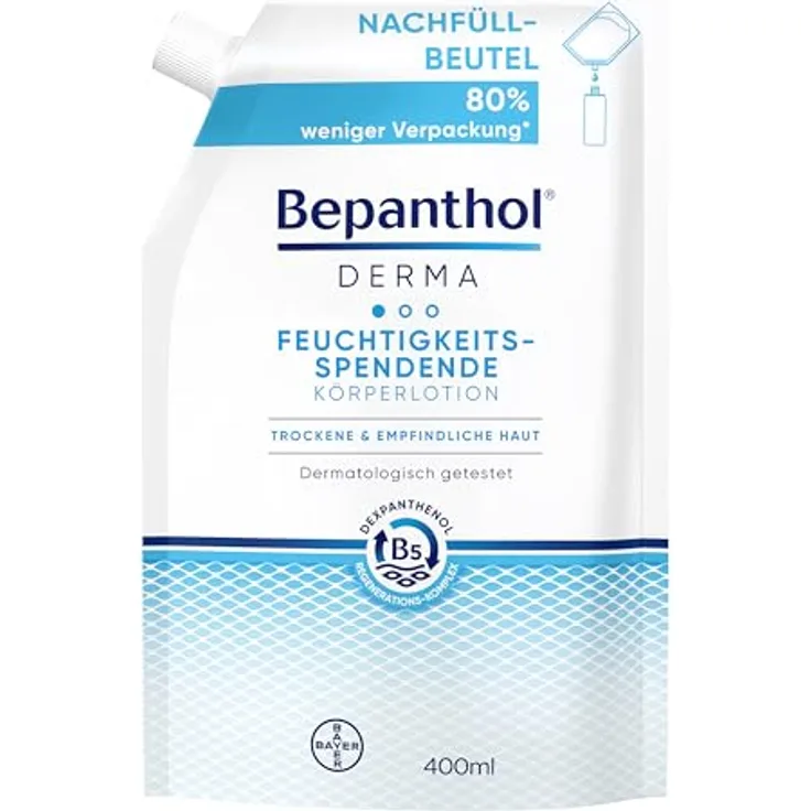 Bepanthol DERMA Feuchtigkeitsspendende Körperlotion, Körperpflege für empfindliche und trockene Haut, dermatologisch getestete Feuchtigkeitscreme mit Dexpanthenol, 400 ml Nachfüllbeutel