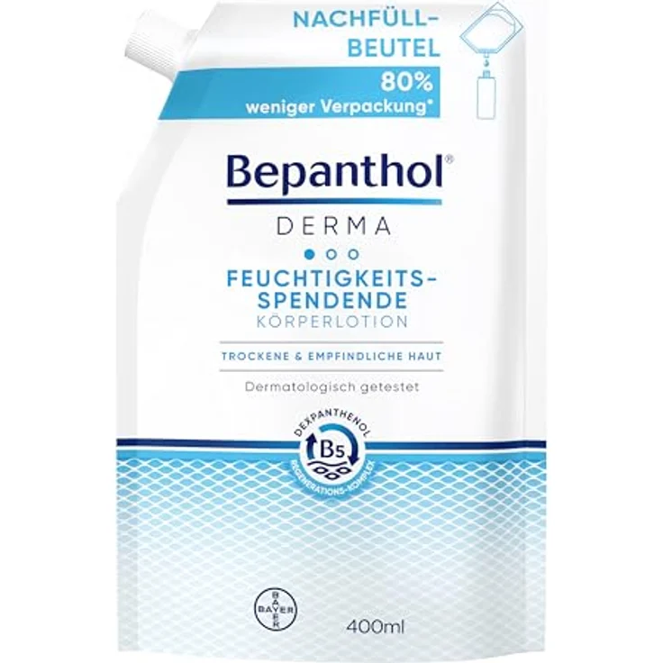 Bepanthol DERMA Feuchtigkeitsspendende Körperlotion, Körperpflege für empfindliche und trockene Haut, dermatologisch getestete Feuchtigkeitscreme mit Dexpanthenol, 400 ml Nachfüllbeutel – Bild 1