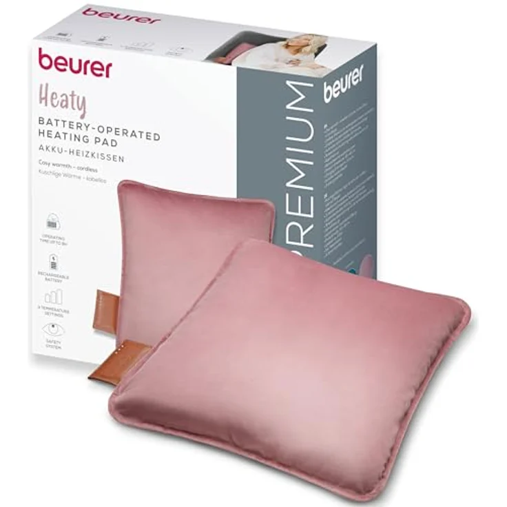 Beurer Heaty HK 77, kabelloses Heizkissen mit Akku, 3 Temperaturstufen, Schnellheizung, Abschaltautomatik, weicher Samtstoff, rosa – Bild 1