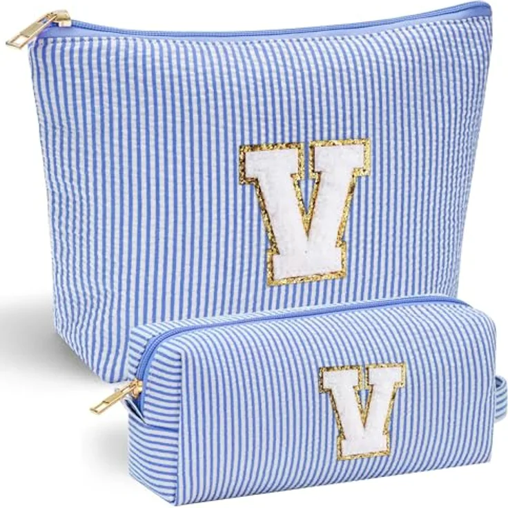 Parima Kosmetiktasche mit Buchstaben V, große und kleine Beauty Cases in Blau, personalisierte Geschenke für Damen und Mädchen