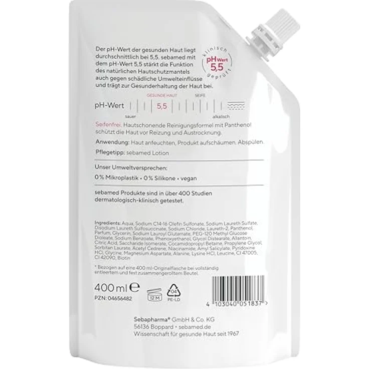Sebamed seifenfreie Waschemulsion Nachfüllbeutel 400 ml, milde Reinigung für empfindliche Haut, pH-Wert 5,5, umweltfreundlich, dermatologisch getestet – Bild 2
