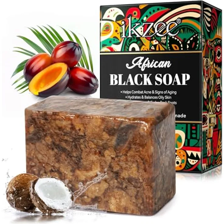 P-Beauty Black Soap Afrikanische Schwarze Seife, Vegan mit Sheabutter, Kokos- & Palmkernöl, für Gesicht, Körper & Haare, gegen Pickel, Akne & Mitesser, 100g, inkl. Netzsäckchen