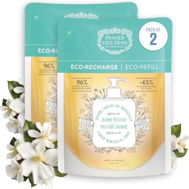 Panier des Sens Marseiller Flüssige Handseife Nachfüller Jasmine, 97% natürliche Inhaltsstoffe, feuchtigkeitsspendend mit Kokosnussöl, 2x500 ml – Bild 1