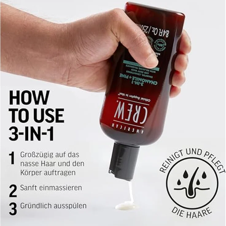 AMERICAN CREW 3-in-1 Chamomile & Pine Shampoo, Conditioner & Body Wash, 250ml - Pflegeshampoo und Duschgel für Männer, mit entspannendem Duft – Bild 5