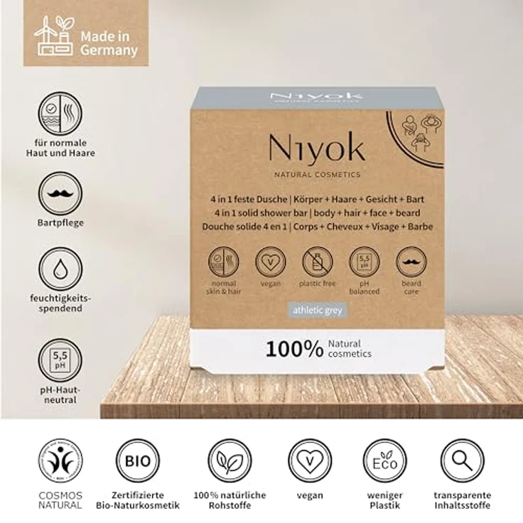 Niyok® 4-in-1 Feste Dusche "Athletic Grey" (80g) • Nachhaltige All-in-One Körperpflege – Bild 3
