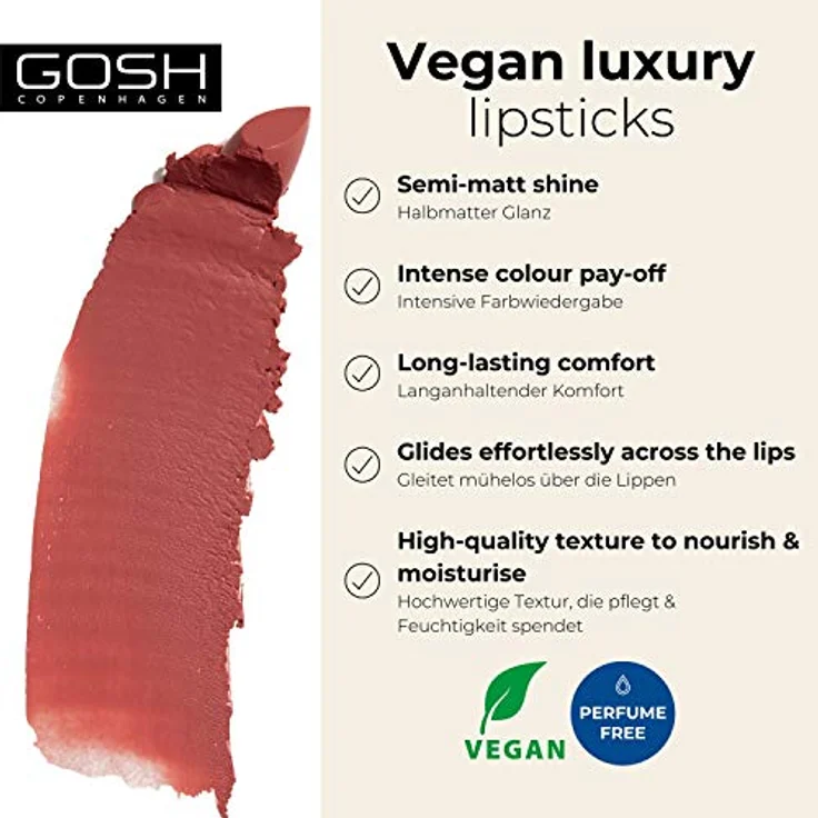 GOSH Luxury Rose Lippenstift 003 Adore, vegan mit leichtem Schimmer, feuchtigkeitsspendend, langanhaltend, parfümfrei, intensive Rosa-Töne – Bild 2
