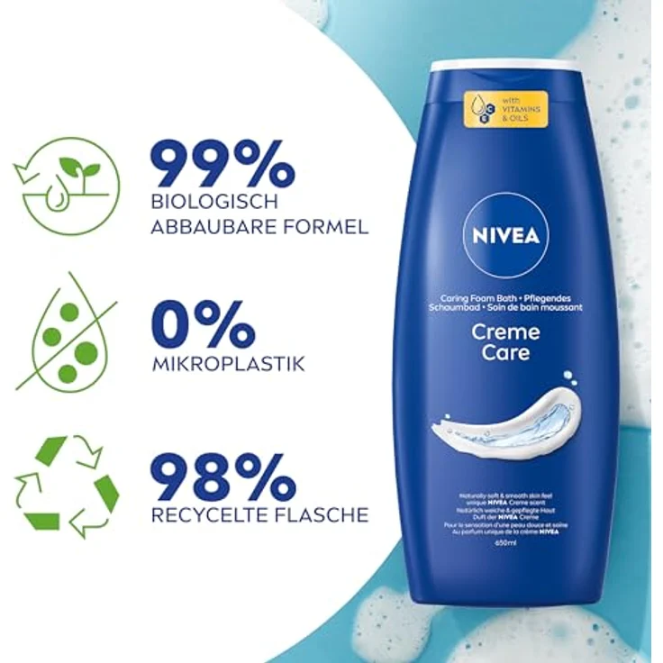 NIVEA Creme Care Pflegendes Schaumbad, pflegender Badezusatz mit entspannendem Duft, hautschützendes Entspannungsbad für ein verwöhntes Hautgefühl (650 ml) – Bild 4