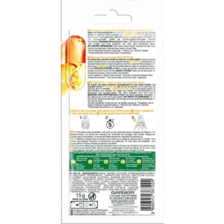 Garnier Tuchmaske, Gesichtsmaske für müde Haut ohne Glow, Anti-Müdigkeit, Getränkt in Ampullen-Serum, Vegane Formel mit Vitamin C und Ananas-Extrakt, 15 g – Bild 2