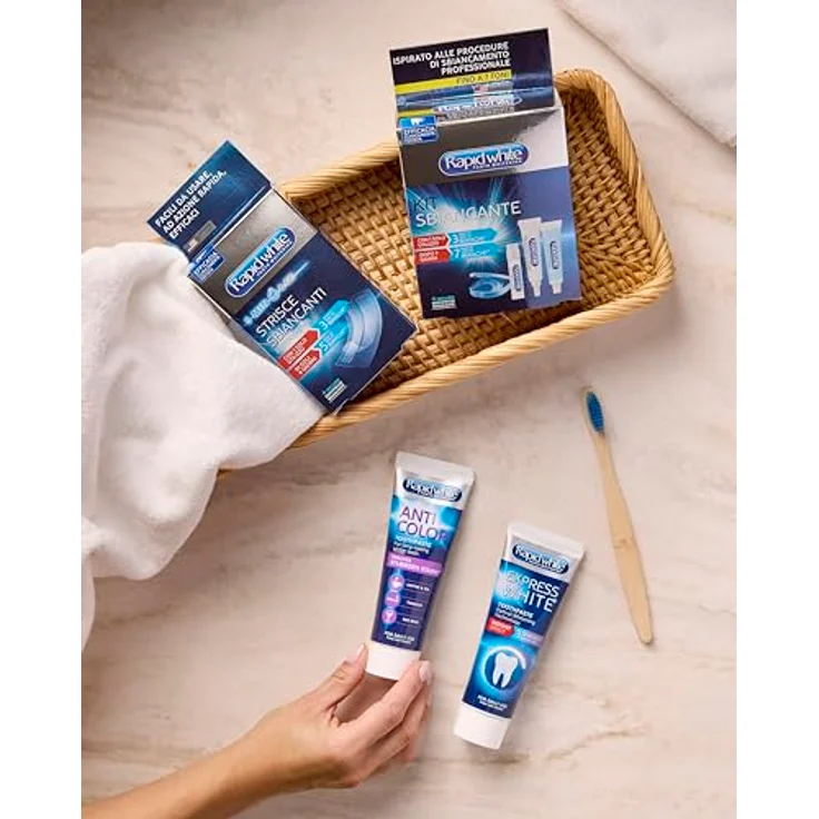 RAPIDWHITE Rapid White Zahnaufhellende Zahnpasta Express White, für bis zu 3 Töne weißer, stärkt den Zahnschmelz, schützt vor Karies, Minzgeschmack, klinisch getestet, 75 ml – Bild 5