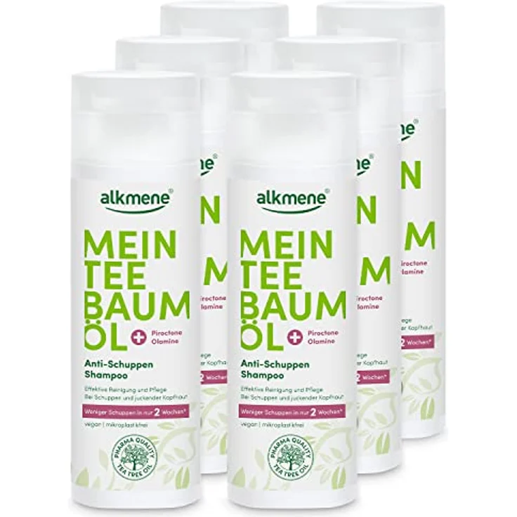 Alkmene Mein Teebaumöl Anti-Schuppen Shampoo, 6x 200 ml, weniger Schuppen in 2 Wochen, vegan, Piroctone Olamine – Bild 1