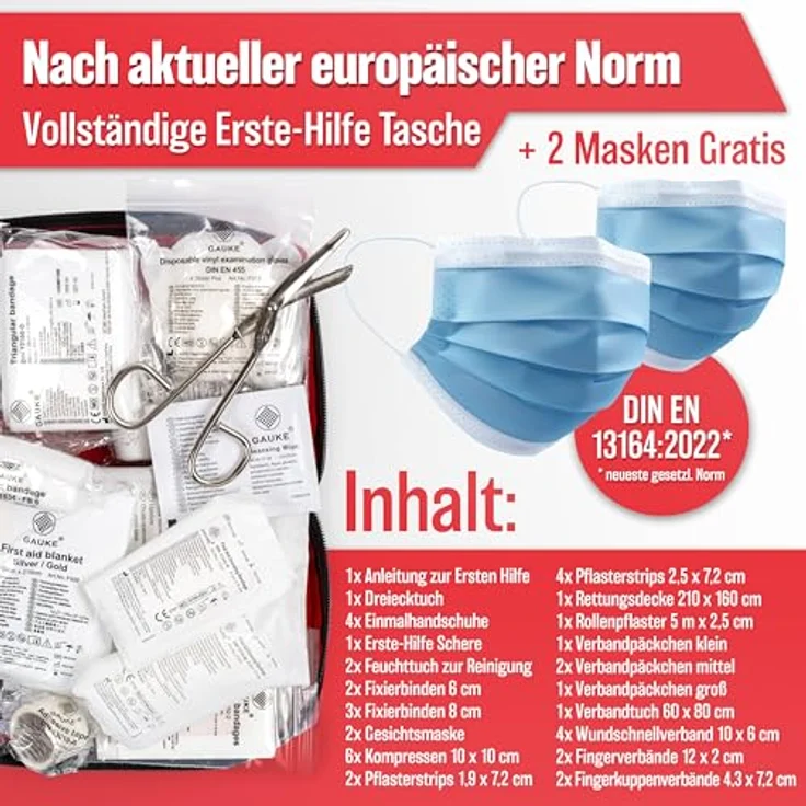 HELDENWERK Auto Verbandskasten 2026, StVO konform, DIN 13164 zertifiziert, inkl. 2x Mundschutzmasken, mehrsprachige Anleitung, staubgeschützt und steril verpackt – Bild 2