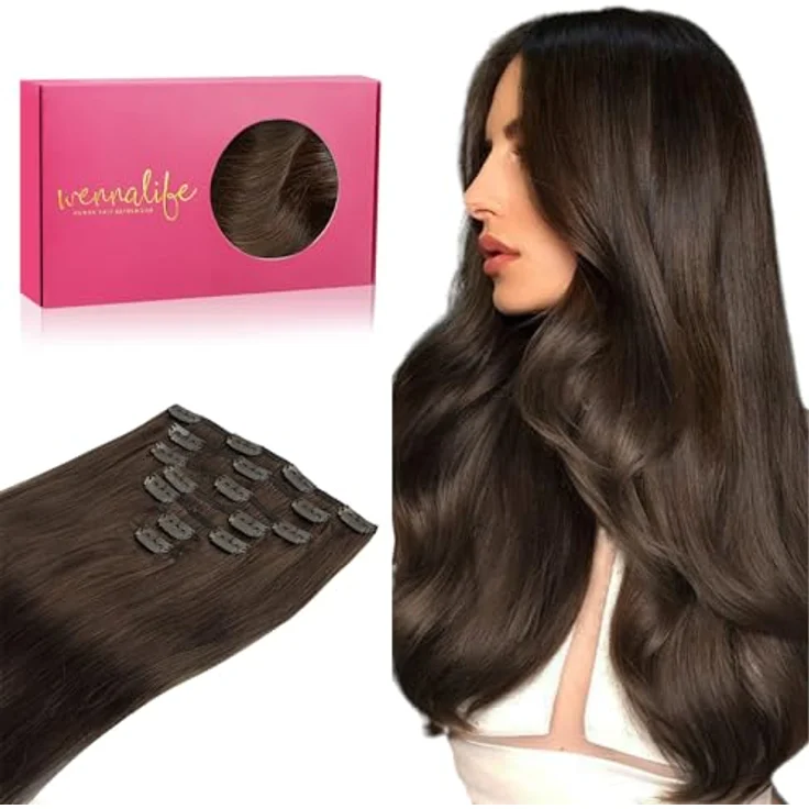 WENNALIFE Clip in Extensions Echthaar, 50cm 120g, 7pcs, Schokoladenbraun, Remy Haarverlängerung mit diskreten Clips – Bild 1