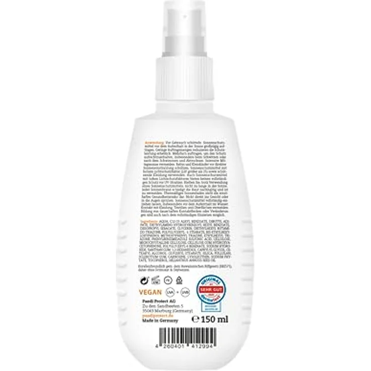 PAEDIPROTECT Sonnenspray Kinder Baby LSF 50+ 150 ml, Sonnencreme parfümfrei & wasserfestes Spray, Gesicht Körper, Sonnenschutzspray vor UVA/UVB-Strahlung, vegan, ohne Mikroplastik – Bild 4