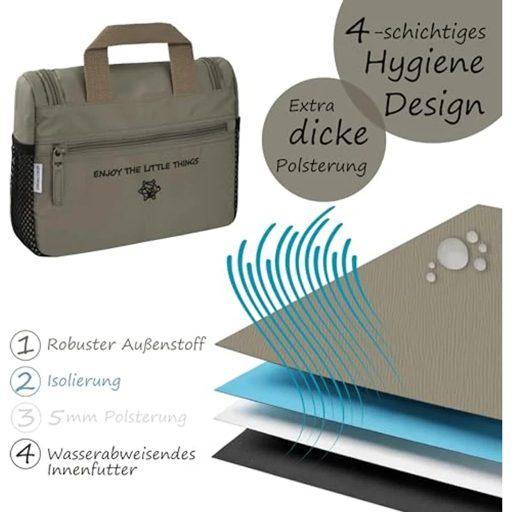 GRINSEZWERGE Kulturtasche - Reise Kulturbeutel mit 12 Motiven, 25 x 20 x 8 cm, zum Aufhängen, mit 3 Reißverschluss- und 4 Netztaschen, hochwertig und langlebig – Bild 5