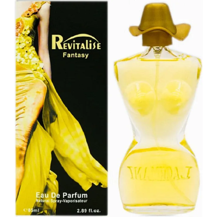 Markenlos Damen Parfum Revitalise Fantasy Eau De Parfum, 85ml Flacon im Frauenkörper-Design, weiß-goldenes Design