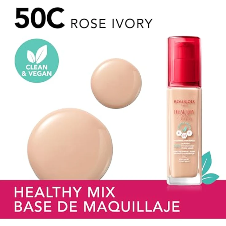 Bourjois Healthy Mix Foundation 30 ml, feuchtigkeitsspendende Fundation mit Anti-Fatigue-Wirkung, Farbe 50 Rose Ivory – Bild 4