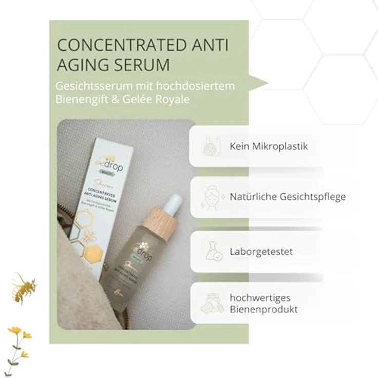 bedrop Concentrated Anti Aging Serum mit straffendem Bienengift, Gelée Royal, Hyaluron & Acetylglucosamin hochdosiert - Reine Imker Qualität - Augenpflege, natürliche Hautpflege aus dem Bienenstock - 30ml – Bild 3