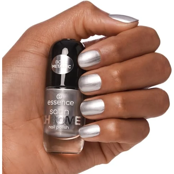 essence cosmetics satin CHROME nail polish, Nr. 04, Silber, abdeckend, Expressergebnis, hochpigmentiert, metallisch, vegan, ohne Mikroplastikpartikel, ohne Parfüm, ohne Parabene, 1er Pack (8ml) – Bild 4