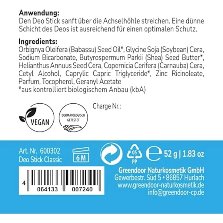 GREENDOOR Deo Stick classic 52g, Deostick ohne Aluminium, langer & starker Schutz, unisex Herren woman Männer Deostift vegan, dezenter Duft – Bild 3