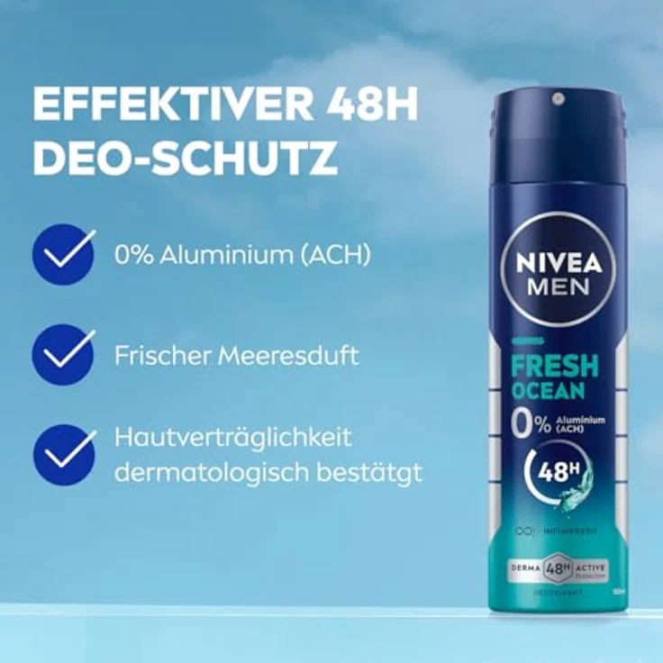 NIVEA MEN Fresh Ocean Deospray, Aluminiumfreies Deo mit 48h Schutz, INFINIFRESH Formel und frischem Meeresduft, 150 ml – Bild 2