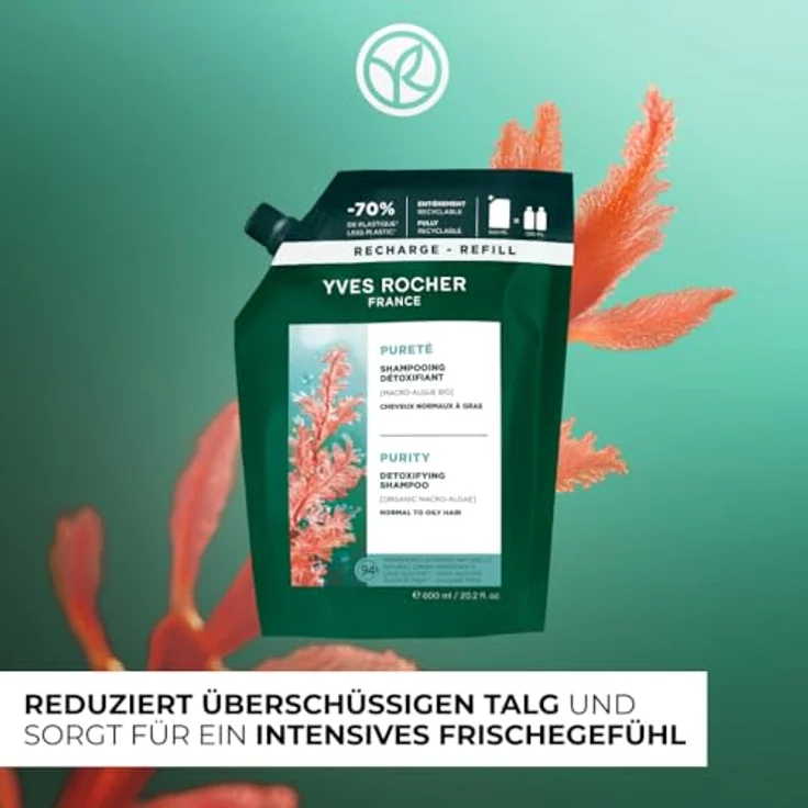 Yves Rocher Detox Shampoo für normales bis fettiges Haar, mit ökologischen Makroalgen, 600 ml Refill, ohne Sulfate und Silikone – Bild 2
