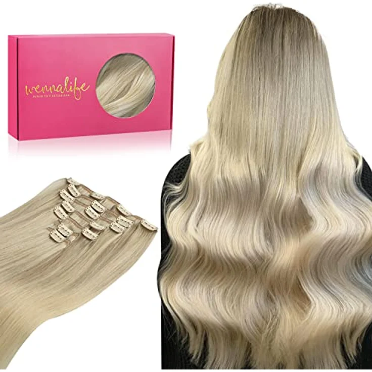 WENNALIFE Clip in Extensions Echthaar, 40cm 120g, 7pcs, Aschblond bis Goldblond und Platinblond, Remy Haarverlängerung mit hochwertigen Clips – Bild 1