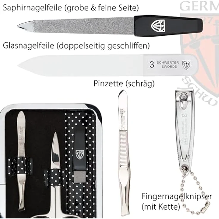 DREI SCHWERTER Maniküreset 'Genova' 6-tlg. aus schwarz gepunktetem Kunstlackleder, inklusive Nagelschere, Hautschere, Nagelknipser, Glasnagelfeile, Pinzette, Saphirnagelfeile – Bild 3