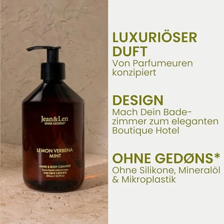 Jean & Len Hand & Body Cleanser Lemonverbena & Mint, vegane Flüssigseife, 500 ml, für normale bis trockene Haut, erfrischender Duft in hochwertiger Flasche – Bild 2