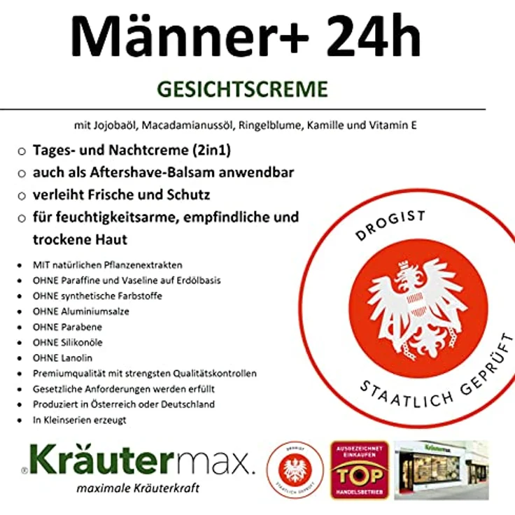 Kräutermax Gesichtscreme Männer Feuchtigkeitscreme für Gesichtspflege auch als After Shave Herren 1 x 100 ml, Trockene Haut mit Jojobaöl, Macadamianussöl, Ringelblume, Kamille und Vitamin E – Bild 4