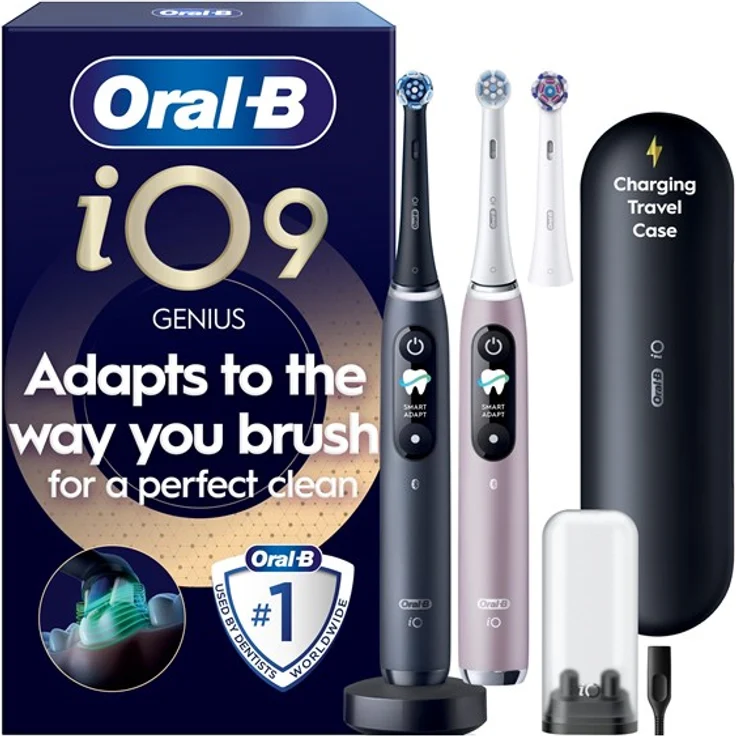 Oral-B iO9 Duo, Elektrische Zahnbürste in Black Onyx/Rose Quartz mit Smart Adapt Mode und interaktivem Display, inkl. 1 Extra Refill