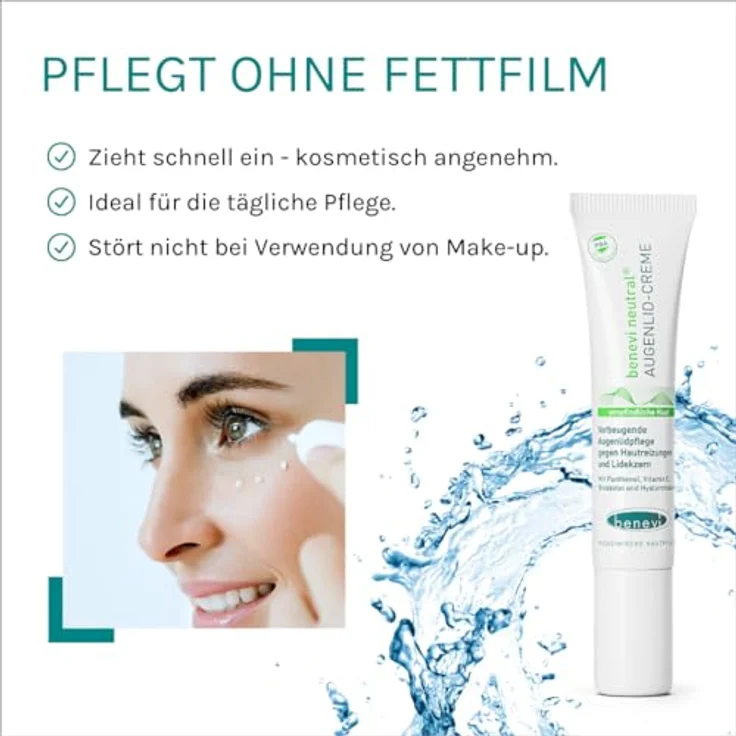 benevi Augenlid-Creme 15 ml für trockene, empfindliche Augenlider. Kein Fettfilm. Auch als tägliche Augenlidpflege bei zu Lidekzem oder Rosacea neigender Haut. – Bild 2