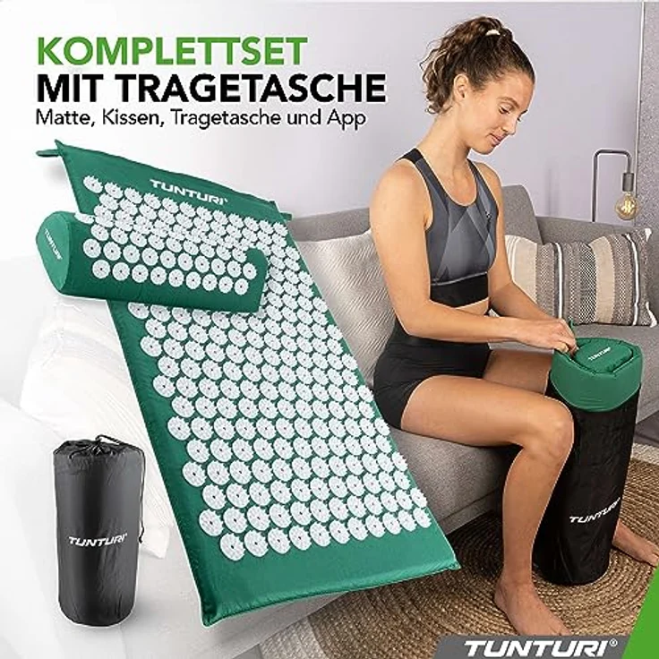 Tunturi Akupressurmatte 2in1 mit Kopfkissen, schmerzlindernd, aus hautfreundlicher Baumwolle, waschbar, inkl. Tragetasche – Bild 6