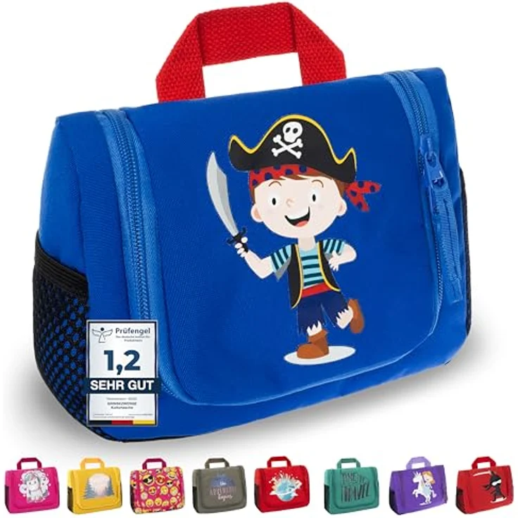 GRINSEZWERGE Kinder Kulturtasche, Reise Kulturbeutel zum Aufhängen mit großem Hauptfach, 4 Netztaschen, abnehmbarem Spiegel und stabilen Metallhaken, Premium Qualität, ideal als Geschenk für Mädchen und Jungen – Bild 1