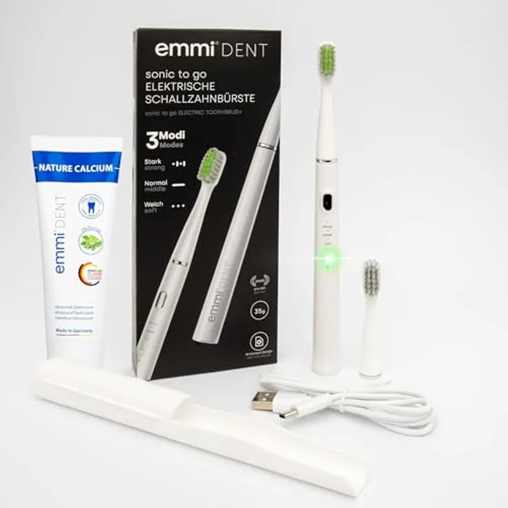 Emmi-dent Schallzahnbürste Sonic To Go, kabellos mit 25 Tagen Laufzeit, 3 Putzmodi, 20.000 Schwingungen/Min, inklusive Etui, Zahncreme & 2 Bürstenköpfen