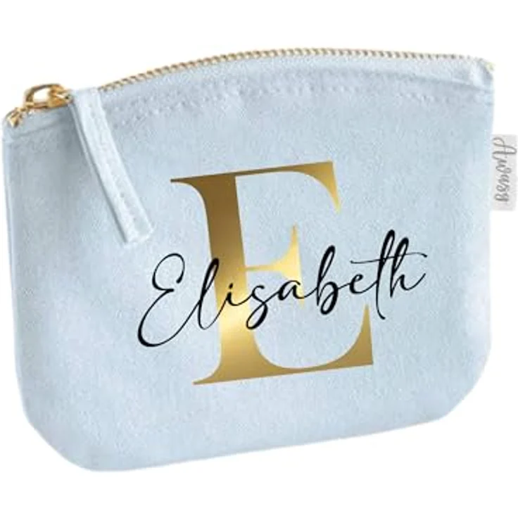 minimutz Schminktasche für Mädchen mit Name, personalisierbare Kosmetiktasche Pastell Blau, 14 x 11 cm, inkl. Namensdruck und Initiale – Bild 1