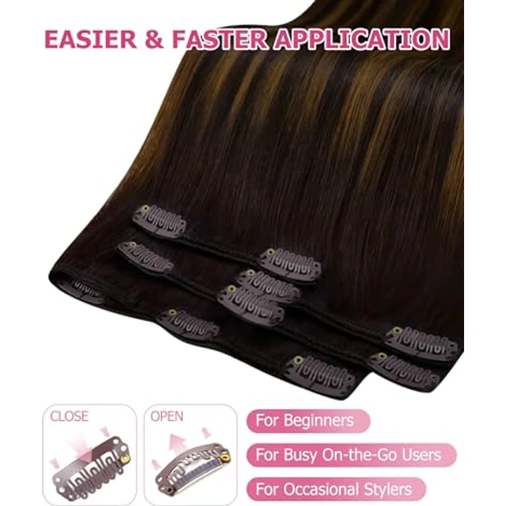 YoungSee Echthaar Extensions Clip Ombre 45cm, Dunkelbraun Balayage Mittelbraun, 120g Remy Clip-in Haarextension für Damen, Hitzebeständig, Schnelle Montage – Bild 3