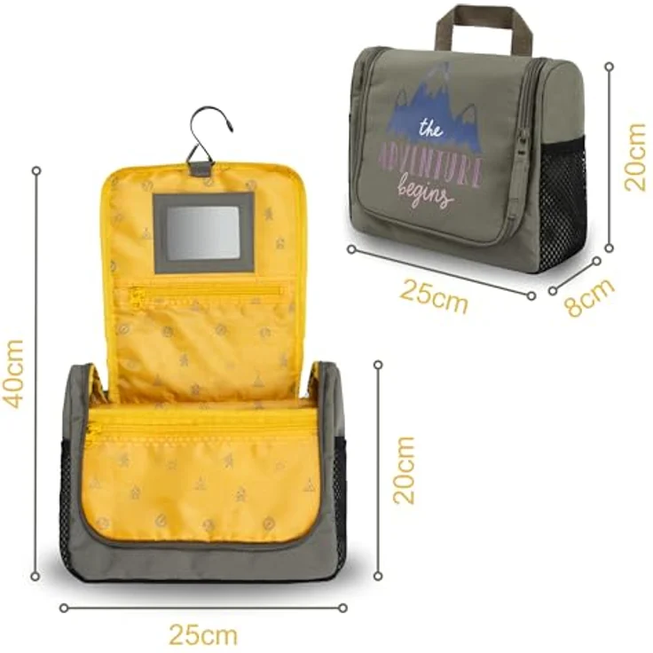 GRINSEZWERGE Kulturtasche - Reise Kulturbeutel mit 12 Motiven, 25 x 20 x 8 cm, zum Aufhängen, mit 3 Reißverschluss- und 4 Netztaschen, hochwertig und langlebig – Bild 2