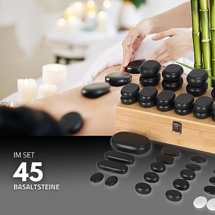 Habys Hot Stone Massagestein Set, 45-teilig aus Basalt mit Natur Bambus Box für Ganzkörpermassage – Bild 2